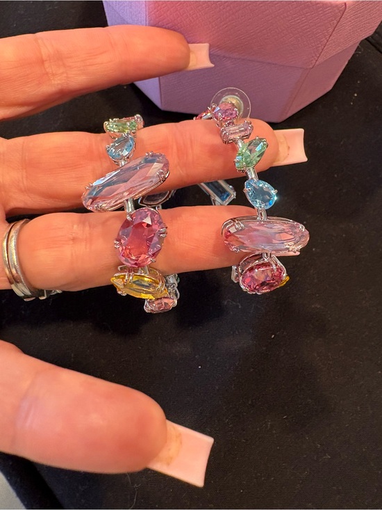 Swarovski Jewelry - Swarovski Multicolor Crystal Hoop Earrings in Pink, Blue, Green & Yellow